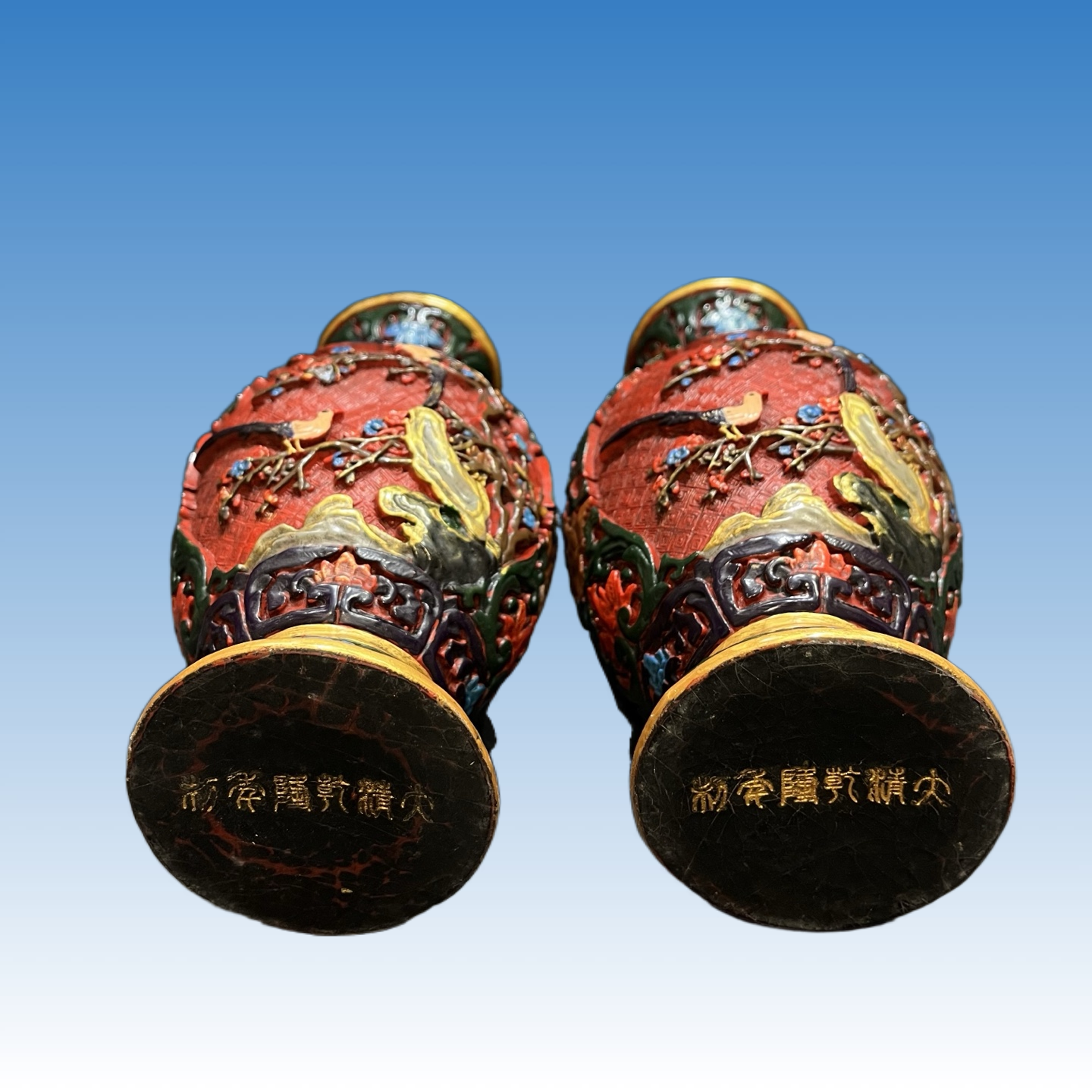 剔红花纹刻工漆器花瓶一对-07